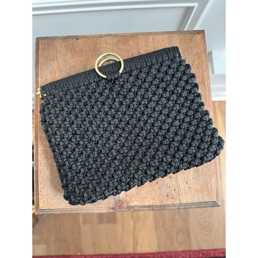 Vintage Black Macrame Clutch Gold Ring 8” x 6”